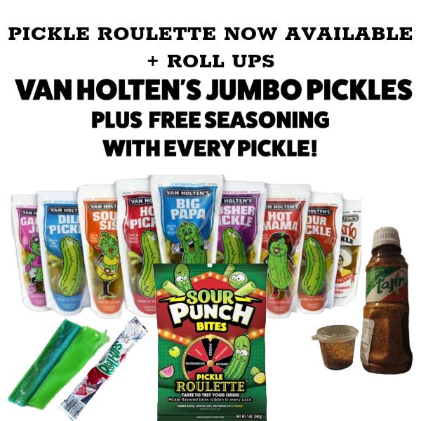 Van Holten's Jumbo Pickles Candy With Roll ups and Pickle Roulette in one listing, only seasoning included with a pickle – A Bite of Bold Flavour!